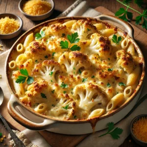 A baking dish of Creamy Cauliflower Pasta Bake with golden breadcrumbs and melted cheese, garnished with fresh parsley, set on a wooden table with a bowl of grated cheese and a serving spoon in the background.