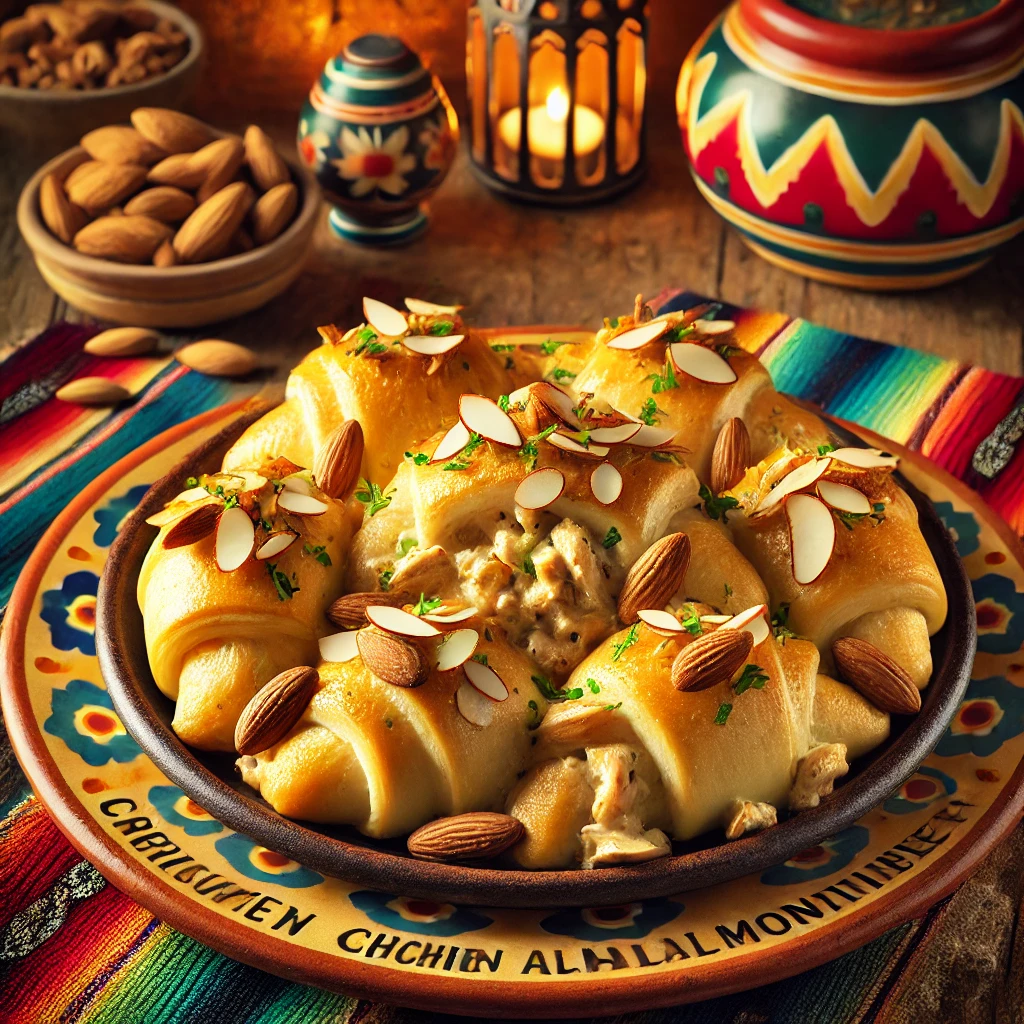 Creamy chicken crescent almondine with toasted almond topping, served on a vibrant Mexican-style plate.
