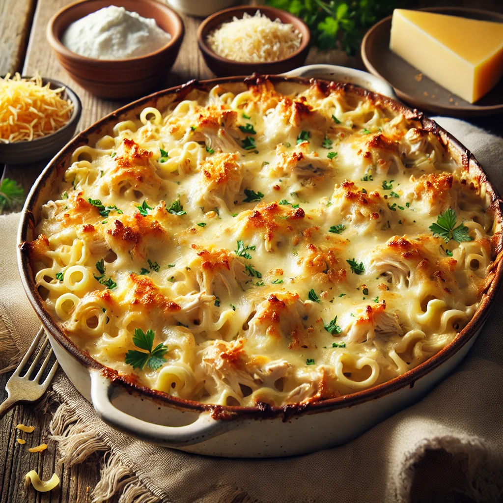 Tender shredded chicken mixed with egg noodles in a rich, creamy sauce, topped with melted cheese and a crispy golden breadcrumb crust, garnished with fresh parsley.