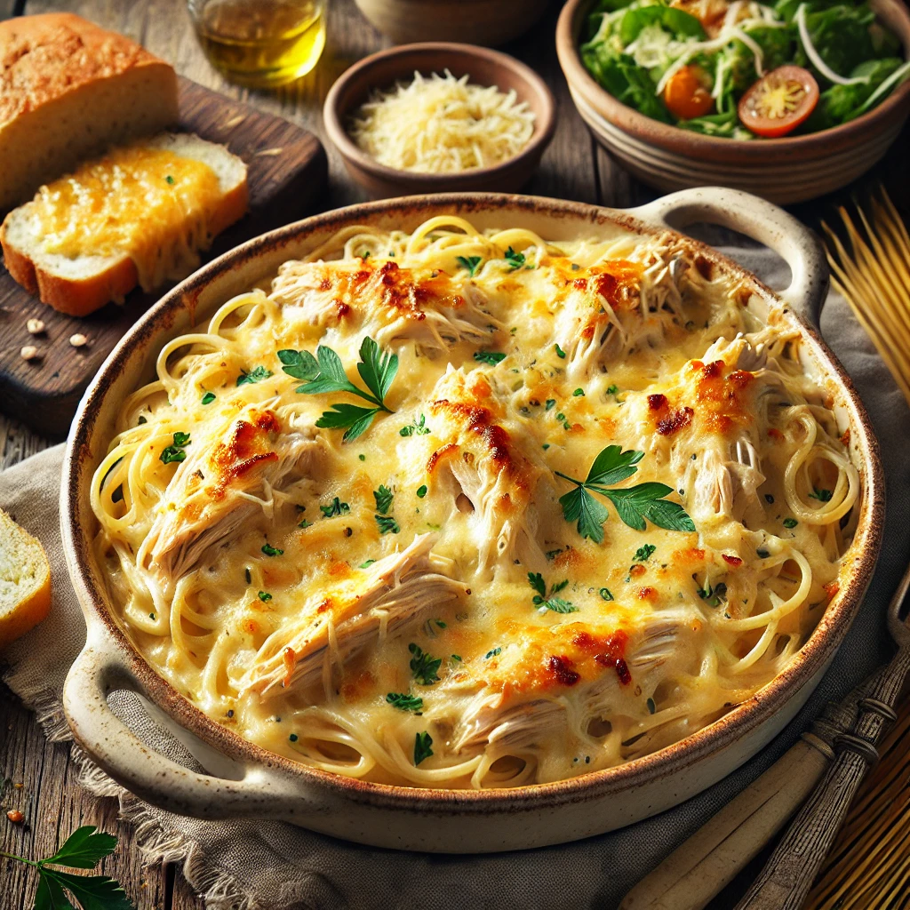 A creamy chicken spaghetti bake in a rustic ceramic baking dish, featuring shredded chicken and spaghetti noodles coated in a rich, cheesy cream sauce, topped with melted golden cheese and garnished with fresh parsley. The dish is set on a rustic wooden table with a serving spoon, a side salad, and slices of garlic bread. Soft natural light highlights the creamy textures and golden cheese, creating a cozy and appetizing presentation.