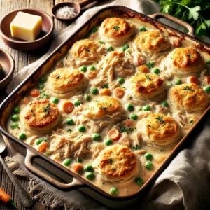 A hearty and comforting casserole featuring tender shredded chicken in a rich, creamy sauce with peas and carrots, topped with golden, flaky biscuits.