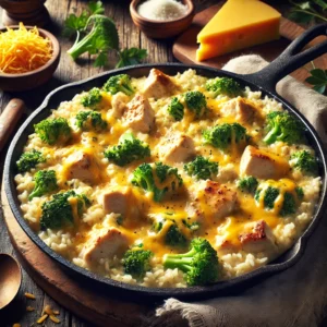 A hearty and comforting skillet meal featuring tender chicken, fluffy rice, and vibrant broccoli in a rich, creamy cheese sauce, served in a rustic cast-iron pan.