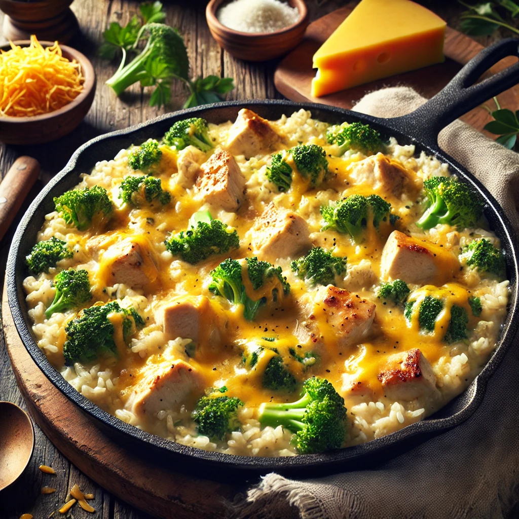 A hearty and comforting skillet meal featuring tender chicken, fluffy rice, and vibrant broccoli in a rich, creamy cheese sauce, served in a rustic cast-iron pan.