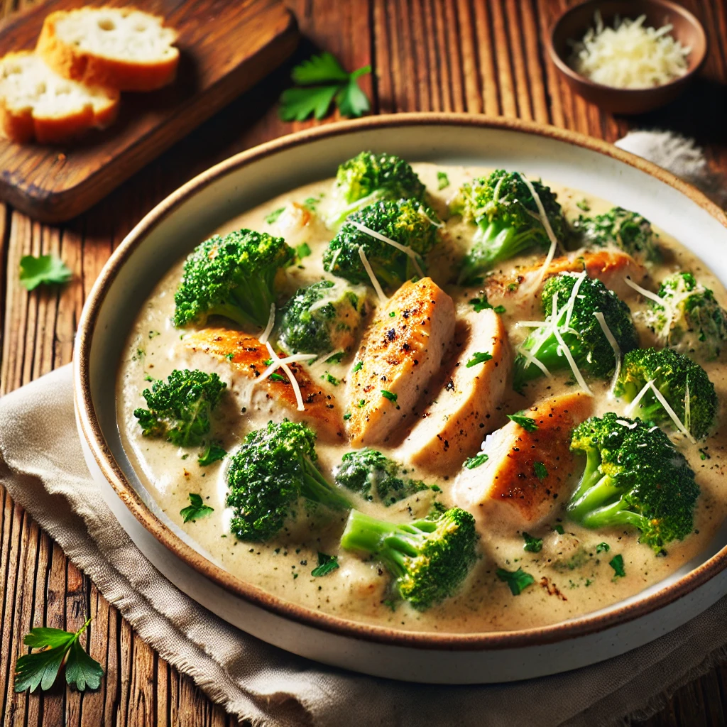 A beautifully plated dish of Creamy Chicken and Broccoli served on a rustic wooden table. The dish features tender, pan-seared chicken pieces coated in a rich, velvety cream sauce with fresh broccoli florets. Garnished with freshly chopped parsley and a sprinkle of Parmesan cheese. Served in a white ceramic bowl with a side of steamed rice or crusty bread. The warm wooden table is more visible, providing a cozy and inviting setting.