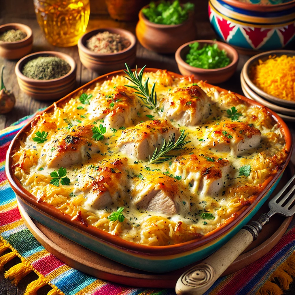 Creamy chicken and herb rice bake with golden cheese crust, served in a cozy Mexican-style setting.