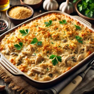 Tender shredded chicken mixed with hearty wild rice in a rich, creamy sauce, topped with a golden, crispy breadcrumb crust and garnished with fresh parsley.