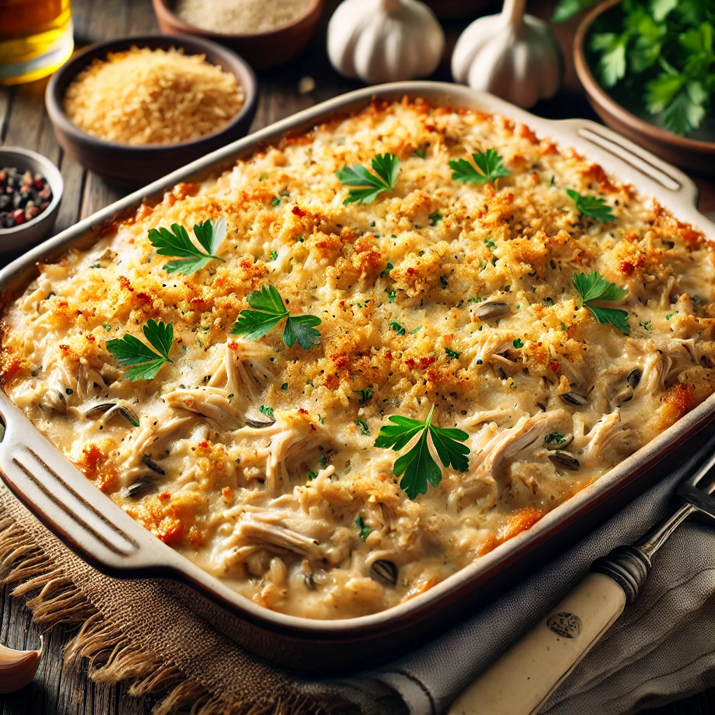 Tender shredded chicken mixed with hearty wild rice in a rich, creamy sauce, topped with a golden, crispy breadcrumb crust and garnished with fresh parsley.