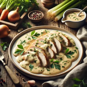 A white ceramic plate of chicken with cream sauce sits on a rustic wooden table. The tender, sliced chicken is generously drizzled with a rich, creamy sauce and garnished with freshly chopped parsley. Beside the plate are a small bowl of extra cream sauce, a few parsley sprigs, and a folded linen napkin. Scattered around the table are fresh ingredients like celery, carrots, onion, and a small bay leaf. Soft natural light highlights the creamy sauce and tender chicken, creating a comforting and appetizing presentation.