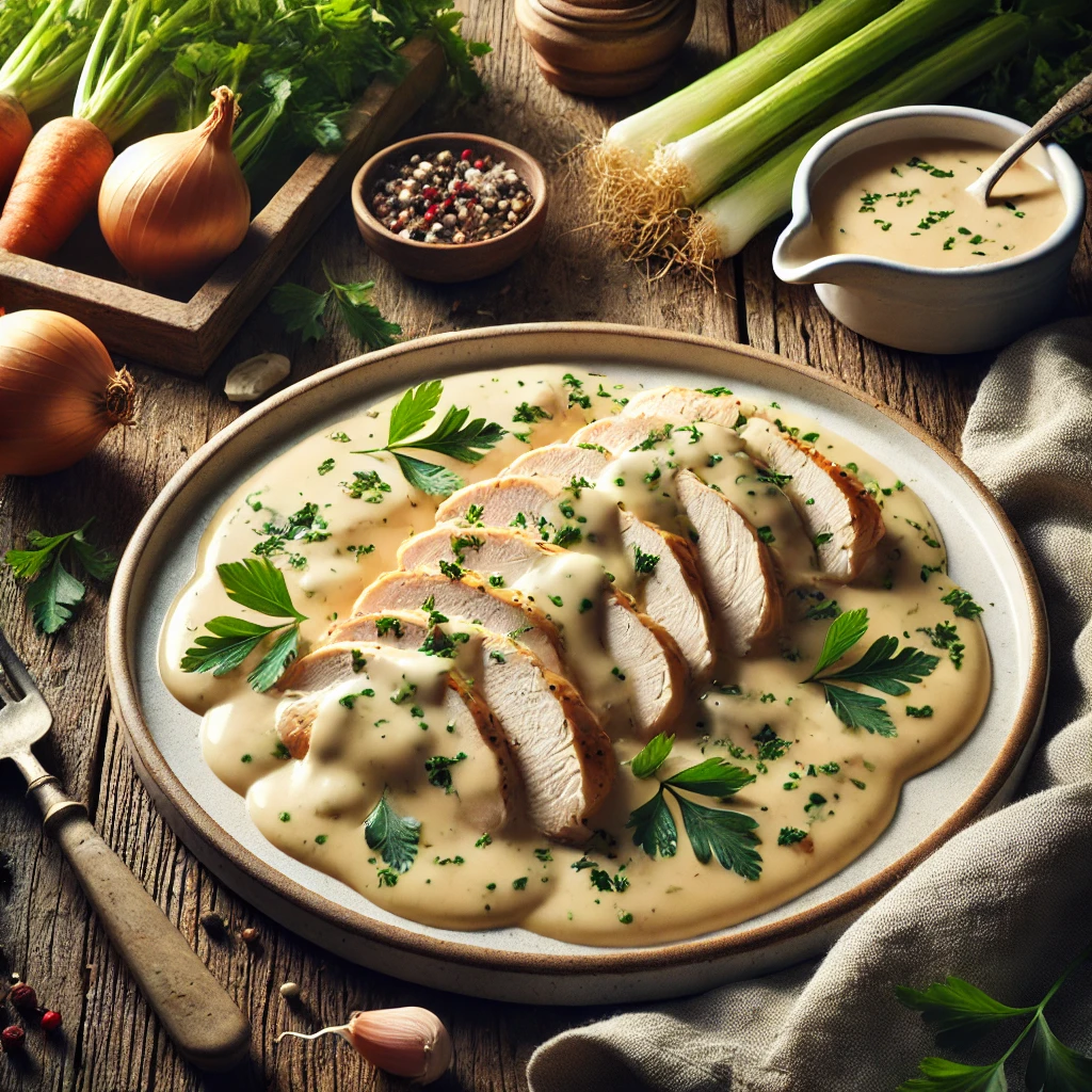A white ceramic plate of chicken with cream sauce sits on a rustic wooden table. The tender, sliced chicken is generously drizzled with a rich, creamy sauce and garnished with freshly chopped parsley. Beside the plate are a small bowl of extra cream sauce, a few parsley sprigs, and a folded linen napkin. Scattered around the table are fresh ingredients like celery, carrots, onion, and a small bay leaf. Soft natural light highlights the creamy sauce and tender chicken, creating a comforting and appetizing presentation.