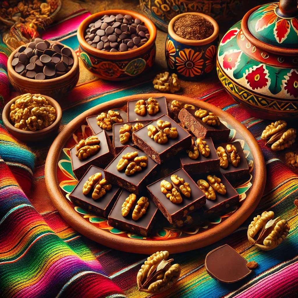 Rich, dark chocolate walnut fudge cut into small squares, with visible walnut chunks. The fudge is arranged on a vibrant, traditional Mexican ceramic plate set against a colorful, festive backdrop of woven textiles and pottery. Small bowls of chocolate chips and walnuts surround the plate, adding warmth and authenticity to the cozy scene, with soft lighting highlighting the chocolate’s smooth texture and rich color.