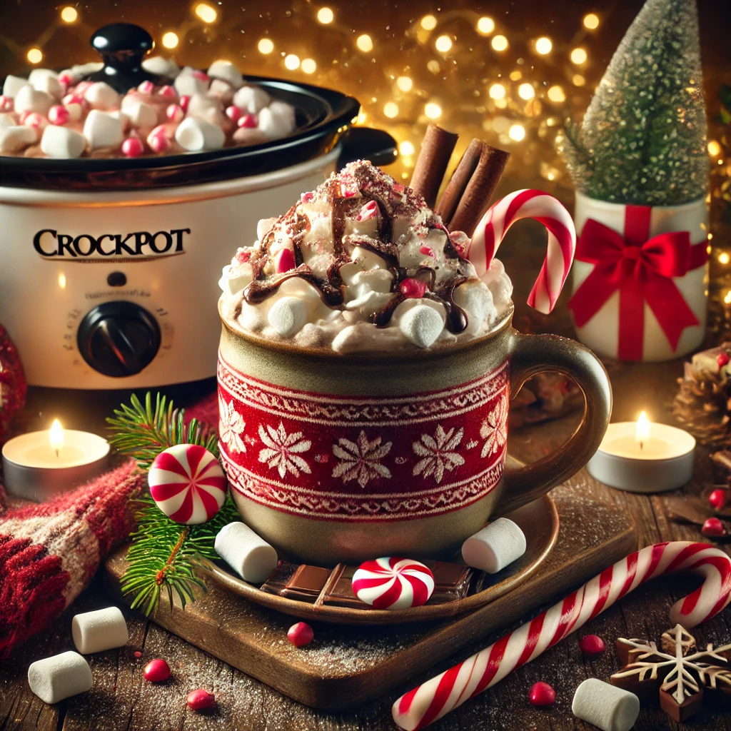 A cozy scene featuring a festive holiday mug filled with rich, creamy crockpot hot chocolate. The drink is topped with whipped cream, marshmallows, and crushed candy canes for a holiday touch. In the background, there’s a warm glow from Christmas lights, a small wreath, and seasonal decorations, along with a crockpot nearby. Festive elements like candy canes, chocolate chips, and a cozy knitted blanket add to the Christmas ambiance.