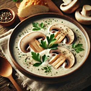 A rustic ceramic bowl filled with creamy coconut mushroom soup, featuring a velvety beige base with sliced mushrooms, garnished with fresh parsley, drizzled with coconut cream, and served with crusty bread on a wooden table in soft natural light.