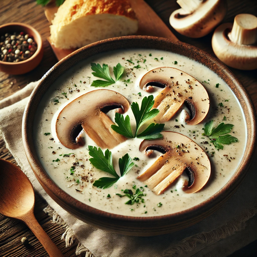 A rustic ceramic bowl filled with creamy coconut mushroom soup, featuring a velvety beige base with sliced mushrooms, garnished with fresh parsley, drizzled with coconut cream, and served with crusty bread on a wooden table in soft natural light.
