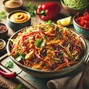 Creamy curry coleslaw with shredded cabbage, carrots, and roasted red peppers in a rustic bowl, garnished with fresh cilantro and sesame seeds, served on a wooden table with lemon wedges and a dish of roasted peppers.