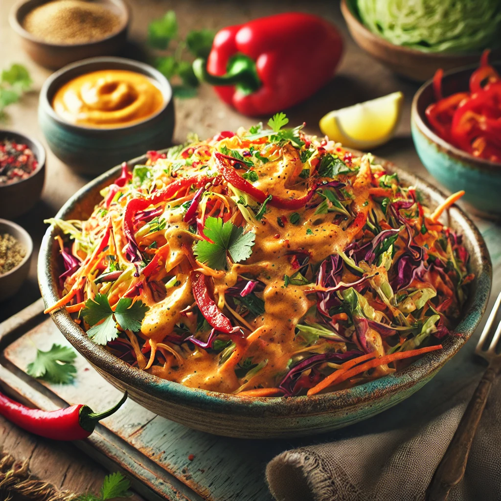 Creamy curry coleslaw with shredded cabbage, carrots, and roasted red peppers in a rustic bowl, garnished with fresh cilantro and sesame seeds, served on a wooden table with lemon wedges and a dish of roasted peppers.