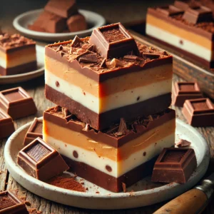 A plate of creamy double-decker fudge on a rustic wooden table, featuring two decadent layers: a rich, dark chocolate base and a smooth, creamy vanilla or peanut butter top layer. Some pieces are cut to reveal the distinct layers, with the top lightly drizzled with melted chocolate and garnished with chocolate shavings. Scattered cocoa powder and fudge crumbs add to the homemade charm, with soft natural lighting enhancing the rich, indulgent textures.
