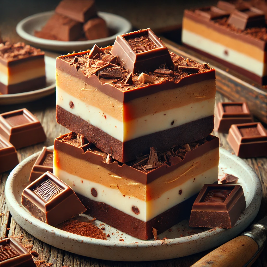 A plate of creamy double-decker fudge on a rustic wooden table, featuring two decadent layers: a rich, dark chocolate base and a smooth, creamy vanilla or peanut butter top layer. Some pieces are cut to reveal the distinct layers, with the top lightly drizzled with melted chocolate and garnished with chocolate shavings. Scattered cocoa powder and fudge crumbs add to the homemade charm, with soft natural lighting enhancing the rich, indulgent textures.