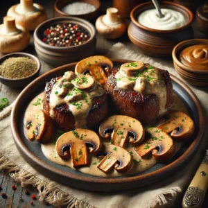 Beef with creamed mushroom sauce, featuring tender sirloin cuts topped with a rich and creamy mushroom sauce, garnished with fresh herbs. The dish is served on a rustic plate with visible slices of Cremini mushrooms, set on a cozy wooden table with soft lighting and small bowls of ingredients like sour cream, mustard, and spices nearby, creating a comforting and gourmet atmosphere.