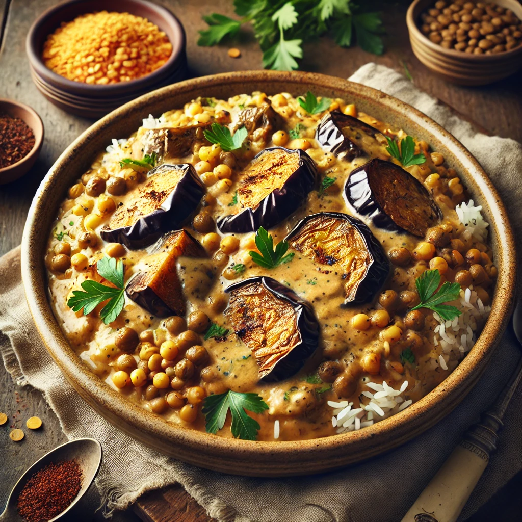 A rustic ceramic bowl of Creamy Eggplant, Lentil, and Rice Pilaf with roasted eggplant chunks, lentils, and rice in a spiced creamy sauce, garnished with parsley and smoked paprika, set on a wooden table with a spoon and a bowl of lentils nearby.
