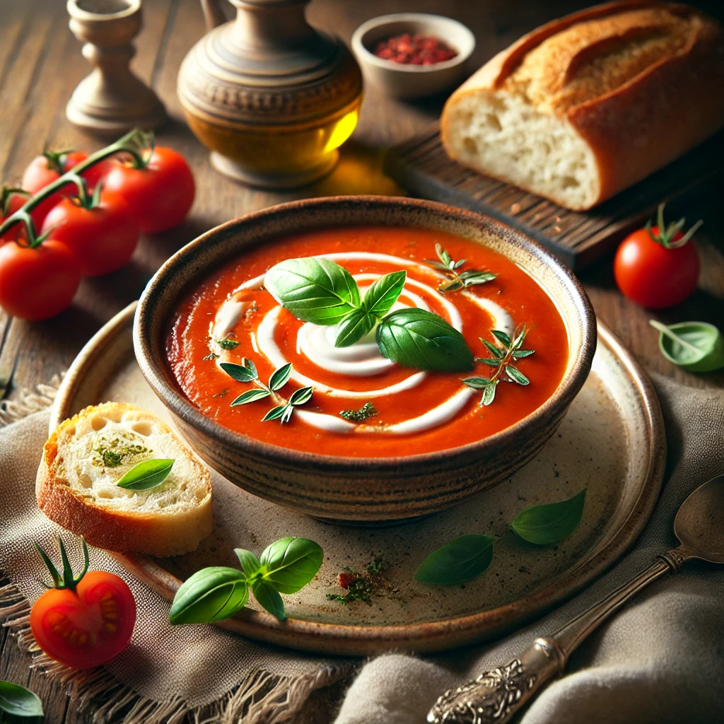 A rustic presentation of creamy fresh tomato soup, elegantly arranged on a wooden table. The soup is a vibrant, rich red-orange color, served in a ceramic bowl with a swirl of cream and a sprinkle of fresh basil leaves on top. A slice of crusty artisan bread rests on the side, perfect for dipping. Scattered around are ripe cherry tomatoes, basil sprigs, and a small dish of olive oil. Soft natural lighting enhances the warm and comforting feel, with gentle shadows and a hint of rustic kitchen elements in the background.