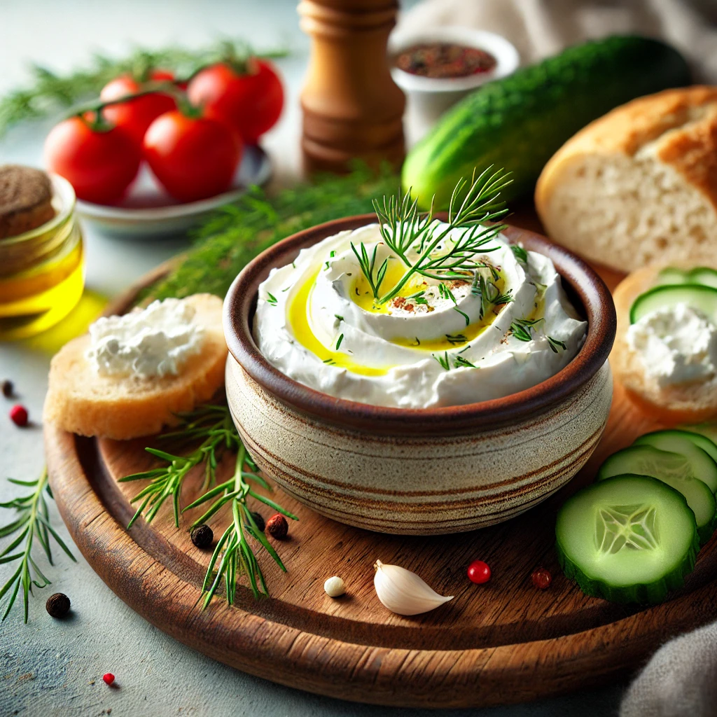 Creamy fottage cheese in a rustic bowl, garnished with olive oil, fresh dill, chives, and black pepper, served with crusty bread slices, cucumber, and cherry tomatoes on a wooden board in a bright, inviting setting.