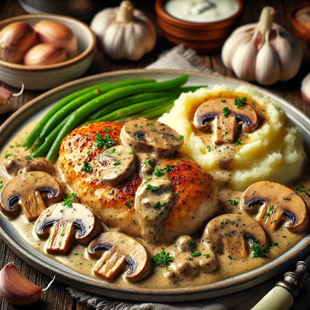 Tender chicken breasts smothered in a rich, creamy garlic and mushroom sauce, garnished with fresh parsley, served with buttered mashed potatoes and sautéed green beans.