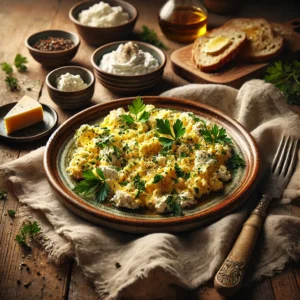 Creamy Herbed Scrambled Eggs served on an artisan ceramic plate, soft and fluffy with a rich texture from sour cream and crumbled goat cheese. The dish is garnished with fresh parsley and a sprinkle of black pepper, accompanied by buttered toast and a small dish of extra goat cheese on a rustic wooden table.