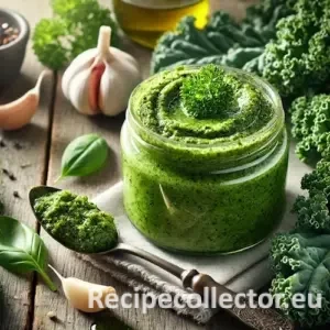 Photorealistic image of green kale and herb pesto in a glass jar, surrounded by fresh kale, basil, parsley, and garlic, on a rustic wooden table in natural daylight with a spoon beside the jar.