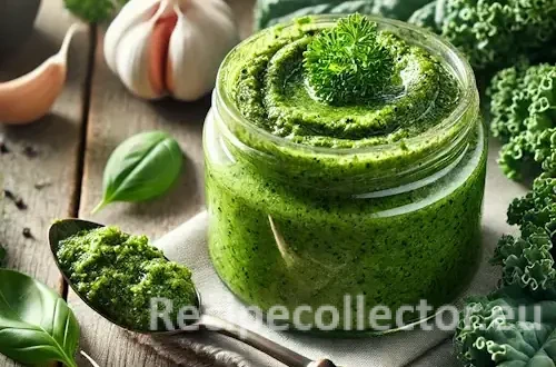 Photorealistic image of green kale and herb pesto in a glass jar, surrounded by fresh kale, basil, parsley, and garlic, on a rustic wooden table in natural daylight with a spoon beside the jar.