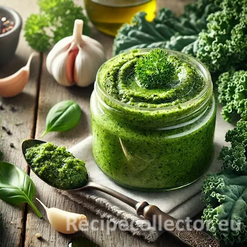 Photorealistic image of green kale and herb pesto in a glass jar, surrounded by fresh kale, basil, parsley, and garlic, on a rustic wooden table in natural daylight with a spoon beside the jar.