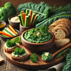 A vibrant and inviting presentation of Creamy Kale and Tofu Spread, served in a rustic wooden bowl, accompanied by slices of artisan bread and fresh vegetable sticks for dipping. Garnished with a drizzle of olive oil and sprinkled with sesame seeds, with leafy kale in the background on a wooden table.