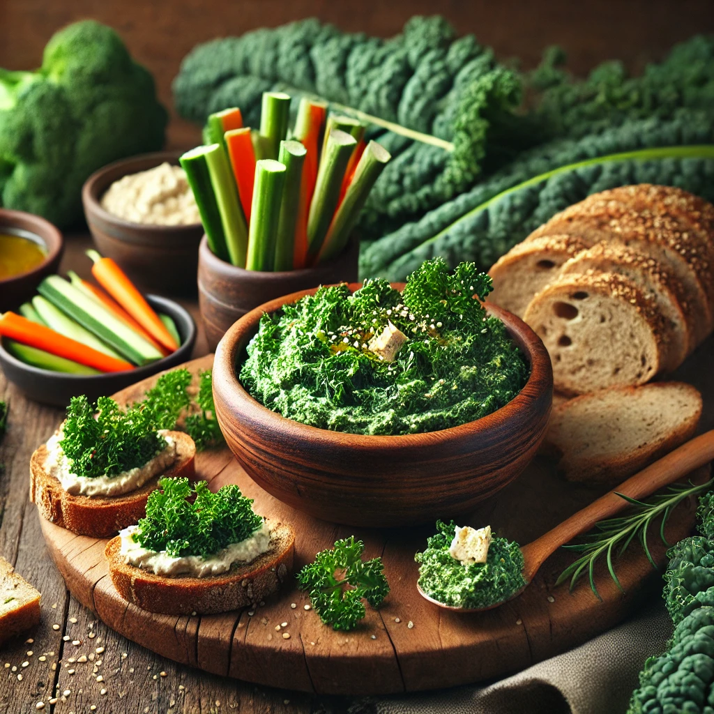 A vibrant and inviting presentation of Creamy Kale and Tofu Spread, served in a rustic wooden bowl, accompanied by slices of artisan bread and fresh vegetable sticks for dipping. Garnished with a drizzle of olive oil and sprinkled with sesame seeds, with leafy kale in the background on a wooden table.