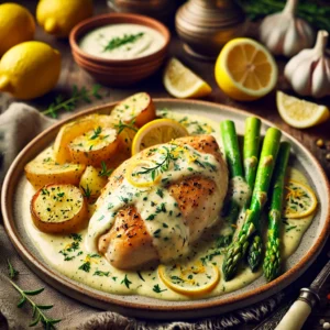 Tender chicken breasts smothered in a rich, creamy lemon-tarragon sauce, garnished with fresh tarragon leaves and lemon zest, served with roasted potatoes and asparagus.