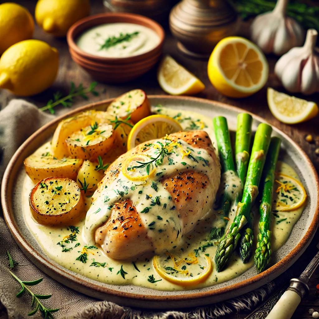 Tender chicken breasts smothered in a rich, creamy lemon-tarragon sauce, garnished with fresh tarragon leaves and lemon zest, served with roasted potatoes and asparagus.