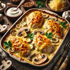 Tender chicken breasts smothered in a rich, creamy mushroom sauce, topped with golden melted cheese and garnished with fresh parsley.