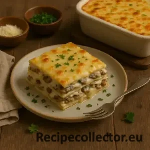 A rich, creamy mushroom lasagna layered with pasta, sautéed mushrooms, and béchamel sauce, topped with golden melted cheese and garnished with parsley. Served on a ceramic plate with a rustic baking dish in the background, all set on a wooden table with fresh herbs and cheese nearby.