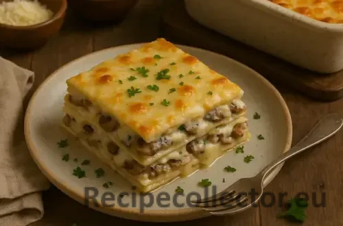 A rich, creamy mushroom lasagna layered with pasta, sautéed mushrooms, and béchamel sauce, topped with golden melted cheese and garnished with parsley. Served on a ceramic plate with a rustic baking dish in the background, all set on a wooden table with fresh herbs and cheese nearby.