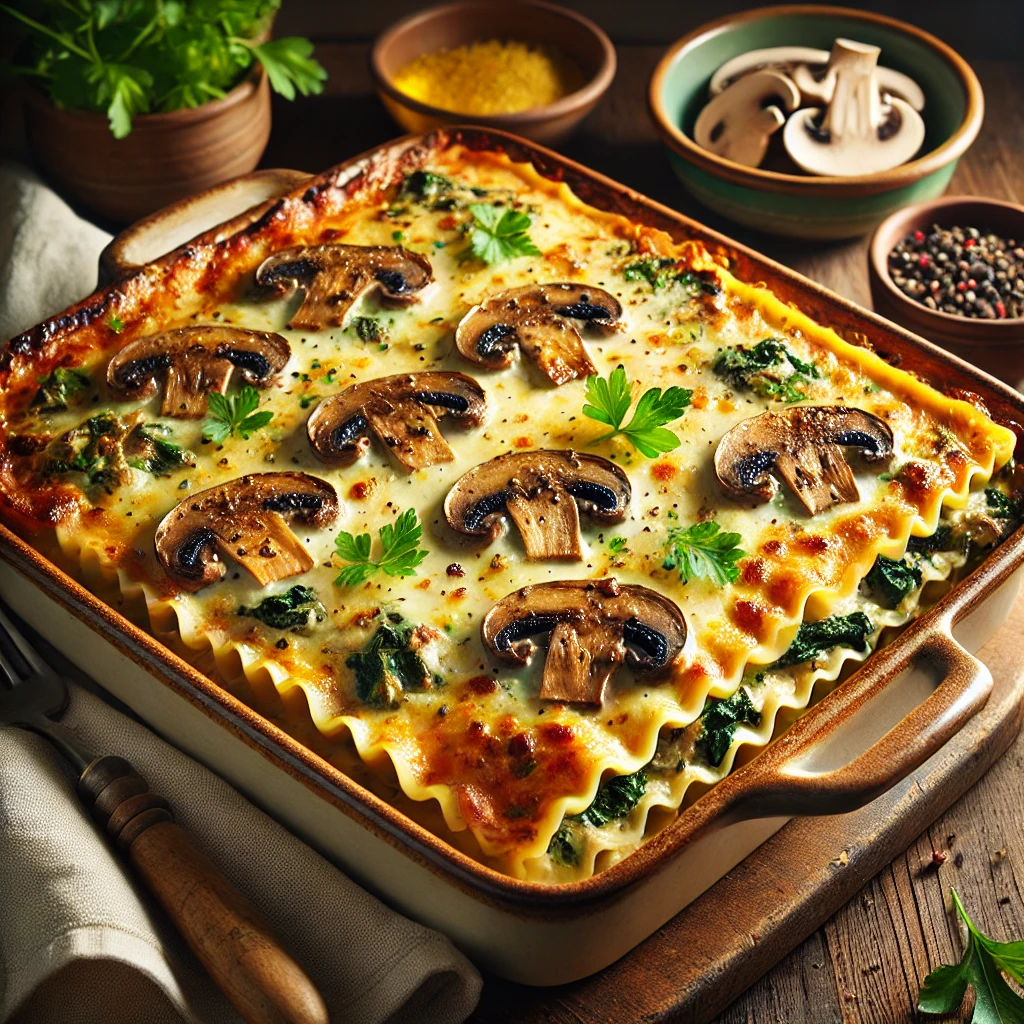A rustic baking dish of Creamy Mushroom Vegan Lasagna with golden melted vegan cheese, layered with béchamel, mushrooms, and spinach, garnished with parsley, set on a wooden table with a bowl of sautéed mushrooms in the background.