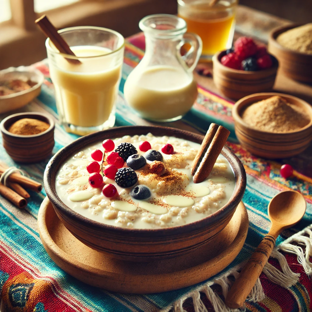 A cozy and inviting breakfast setting featuring creamy bulgur porridge served in a rustic bowl, topped with a drizzle of nog, a sprinkle of cinnamon, and a few fresh berries. The bowl is placed on a colorful Mexican-style tablecloth, accompanied by a glass of nog, a small dish of cinnamon, and a wooden spoon, with bright natural light emphasizing the creamy texture and comforting appeal of the dish.