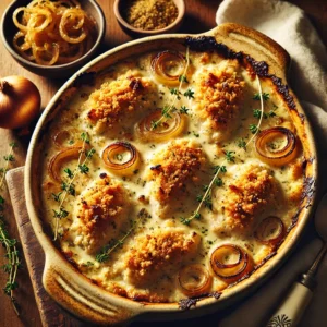 A rustic ceramic baking dish of Creamy Onion Chicken Bake featuring plant-based chicken fillets in a creamy onion sauce, topped with a golden breadcrumb crust and garnished with thyme, served on a wooden table with a bowl of caramelized onions and a spoon nearby.