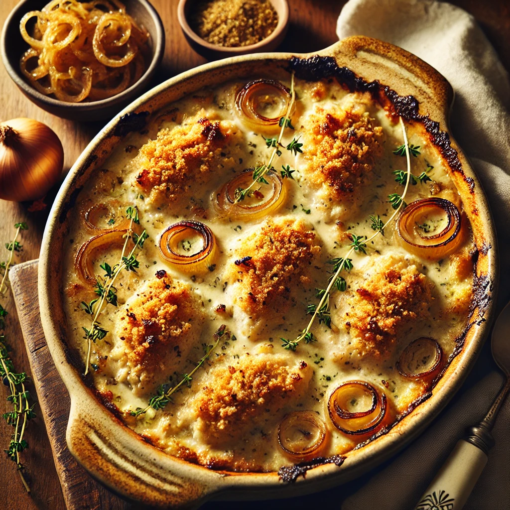 A rustic ceramic baking dish of Creamy Onion Chicken Bake featuring plant-based chicken fillets in a creamy onion sauce, topped with a golden breadcrumb crust and garnished with thyme, served on a wooden table with a bowl of caramelized onions and a spoon nearby.