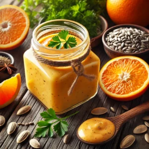 A glass jar of creamy orange sunflower dressing, surrounded by fresh oranges, roasted sunflower seeds, parsley, and spices on a rustic wooden table, with a bowl of salad greens and a wooden spoon nearby, in soft natural light.