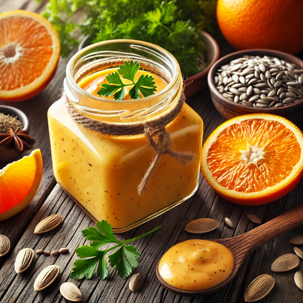 A glass jar of creamy orange sunflower dressing, surrounded by fresh oranges, roasted sunflower seeds, parsley, and spices on a rustic wooden table, with a bowl of salad greens and a wooden spoon nearby, in soft natural light.