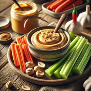 A small rustic ceramic bowl of creamy peanut butter dip sits on a wooden table, garnished with crushed peanuts and a drizzle of soy sauce. Fresh vegetable sticks, including carrots and celery, are arranged nearby for dipping. Surrounding the setup are a jar of peanut butter, a small bottle of soy sauce, a clove of garlic, and a bottle of Tabasco. Soft natural light highlights the smooth texture of the dip and the vibrant colors of the vegetables.