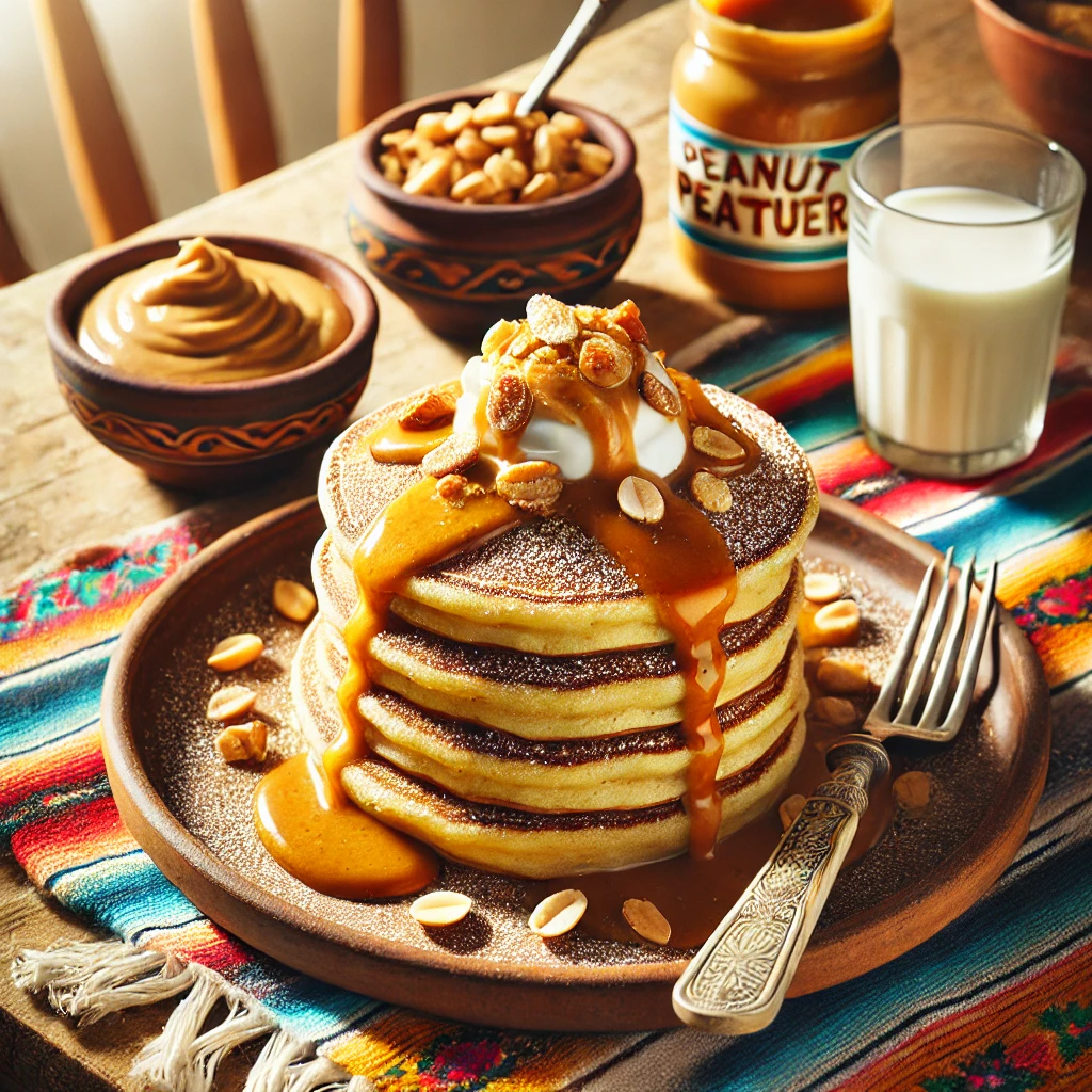 A warm and inviting breakfast scene featuring Creamy Peanut Butter Pancakes stacked on a rustic plate. The golden brown pancakes are topped with a drizzle of creamy peanut butter, a sprinkle of crushed peanuts, and a dollop of whipped cream. The setup includes a colorful Mexican-style tablecloth, a small bowl of peanut butter, a glass of milk, and a fork, illuminated by bright natural light to enhance the cozy and indulgent appeal.