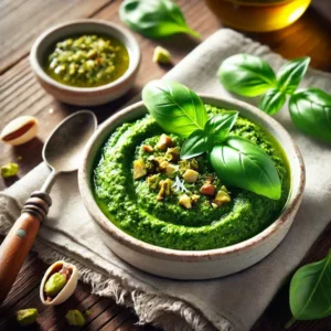 Ultra-sharp image of vibrant green pistachio pesto with basil, Parmesan, garlic, and olive oil, garnished with crushed pistachios and basil leaves. Served in a small white ceramic bowl on a rustic wooden dining table with a linen napkin, captured in bright natural light.