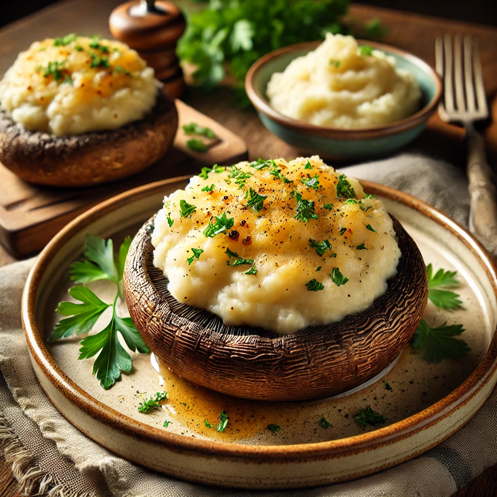Large portobello mushroom caps stuffed with creamy mashed potatoes, topped with melted vegan cheese, and garnished with parsley and black pepper, served on a rustic ceramic plate with mashed potatoes and parsley in the background.