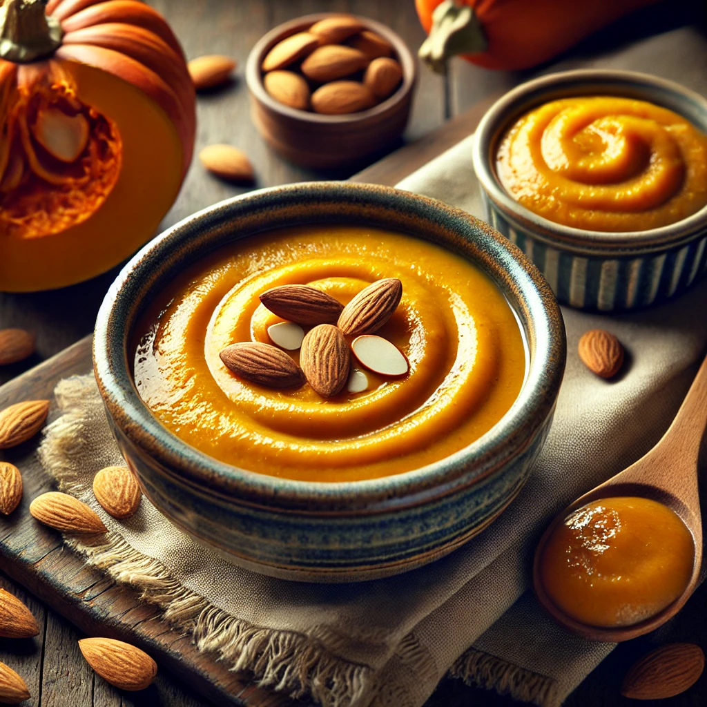 A rich and creamy Pumpkin Almond Sauce served in a rustic ceramic bowl with a smooth, velvety texture and a warm golden-orange hue. Garnished with a drizzle of almond milk and a sprinkle of crushed almonds, the bowl sits on a rustic wooden table, accompanied by a small dish of pumpkin purée, whole almonds, and a wooden spoon. Warm, natural lighting enhances the inviting, homemade feel.