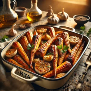 A rustic dish of maple roasted parsnips, golden brown and caramelized, served in an elegant ANTA baking dish. The parsnips glisten with a maple syrup and wholegrain mustard glaze, accompanied by roasted garlic cloves. The dish sits on a rustic wooden table, with olive oil, salt, and pepper visible. Warm lighting highlights the rich textures and autumnal tones, with soft-focus elements like fresh herbs, a wooden spoon, and a linen napkin in the background.