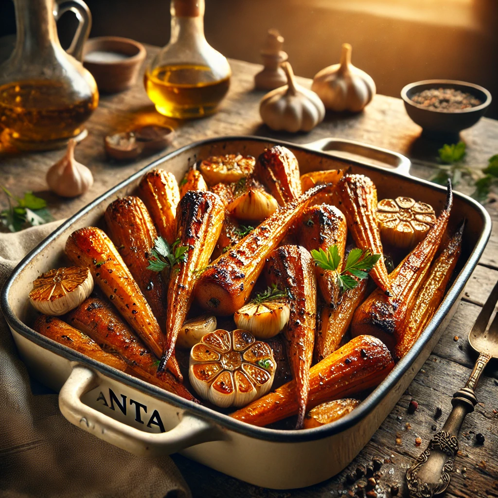 A rustic dish of maple roasted parsnips, golden brown and caramelized, served in an elegant ANTA baking dish. The parsnips glisten with a maple syrup and wholegrain mustard glaze, accompanied by roasted garlic cloves. The dish sits on a rustic wooden table, with olive oil, salt, and pepper visible. Warm lighting highlights the rich textures and autumnal tones, with soft-focus elements like fresh herbs, a wooden spoon, and a linen napkin in the background.